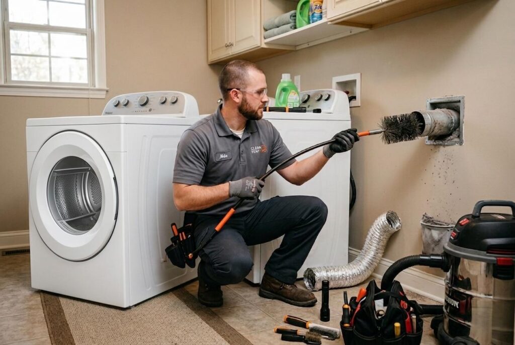Technician cleaning a dryer vent behind a washer and dryer